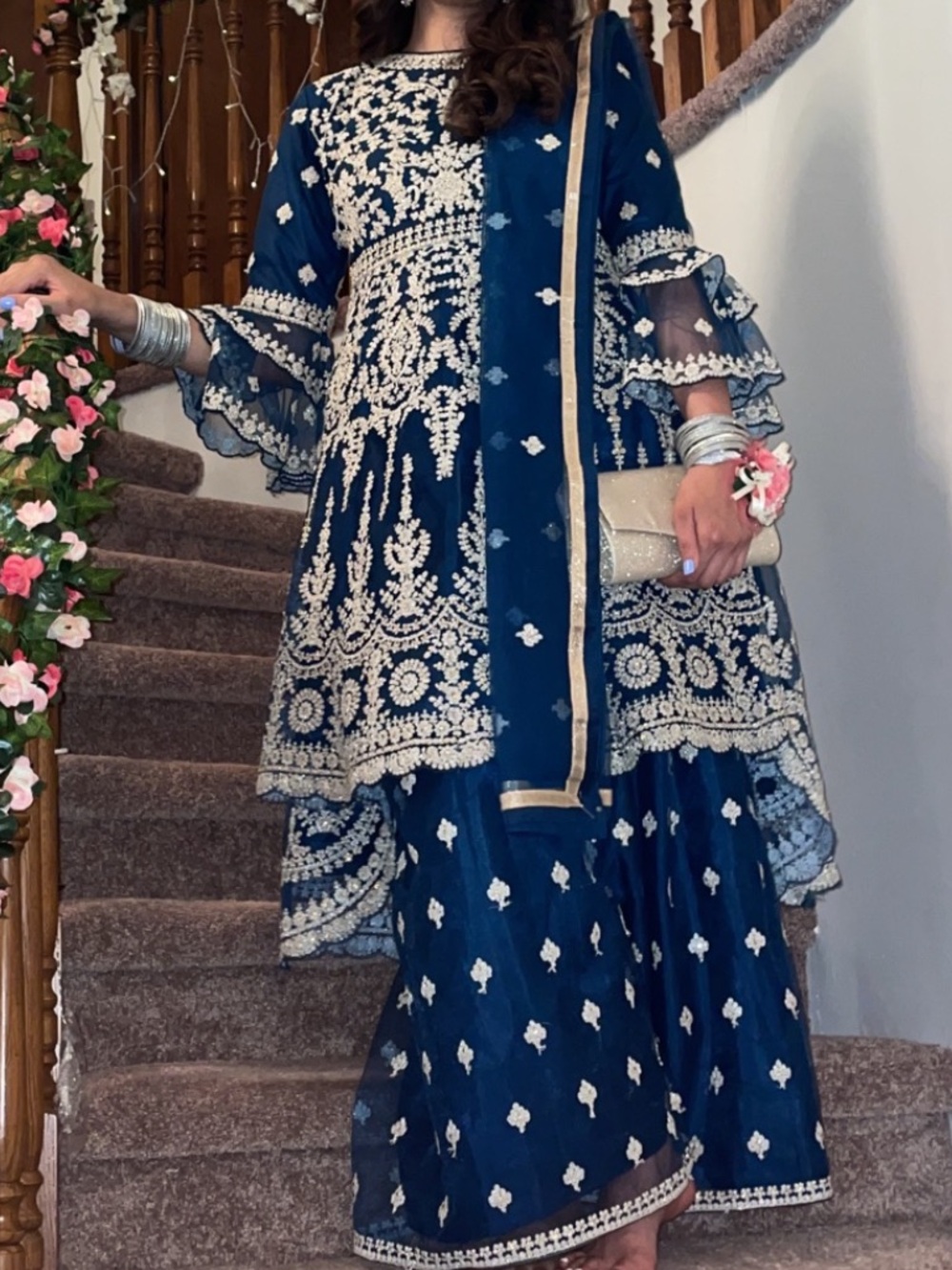 Embroidered Navy Blue Kameez with Dupatta